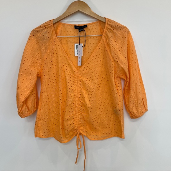 ❤️💙💛 Sanctuary Melon V Neck Eyelet Ruched Top Blouse Shirt NWT - Picture 3 of 8